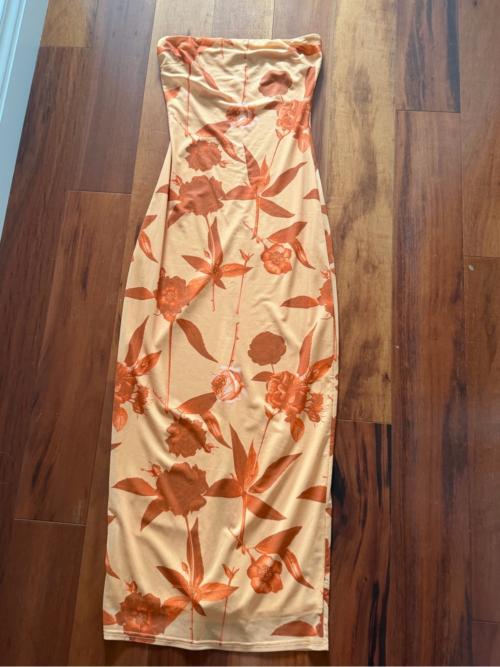 mahina Strapless Floral Midi Dress in Peach and Orange Floral